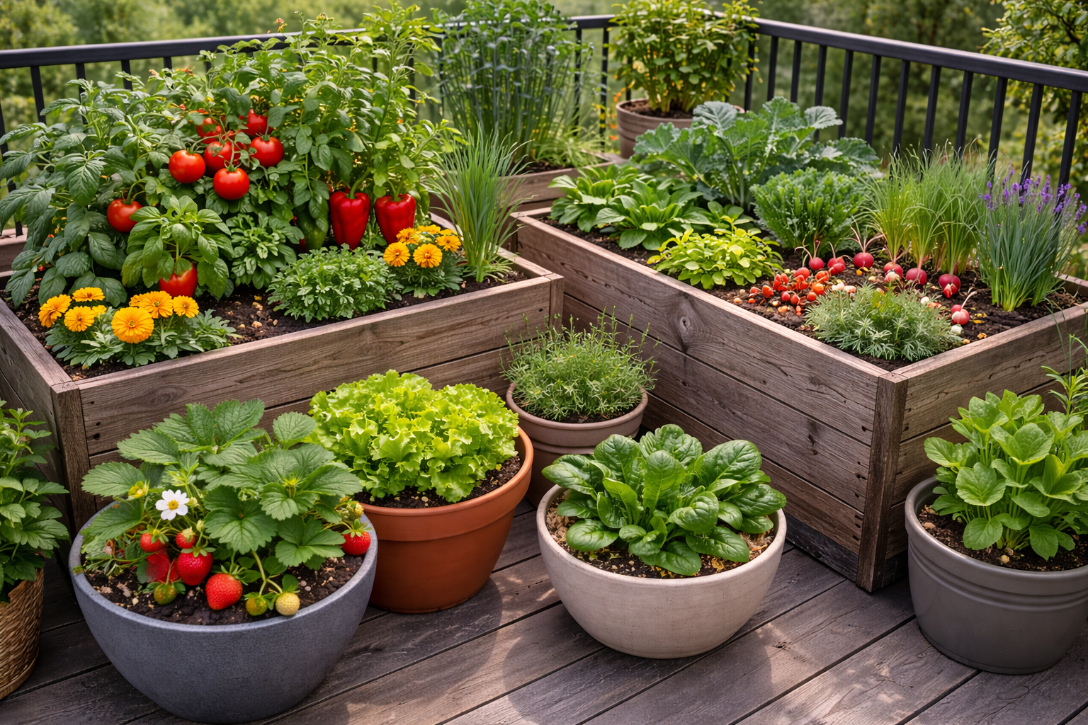 Balcony garden with raised beds and containers showing companion planting combinations of vegetables, herbs, and flowers