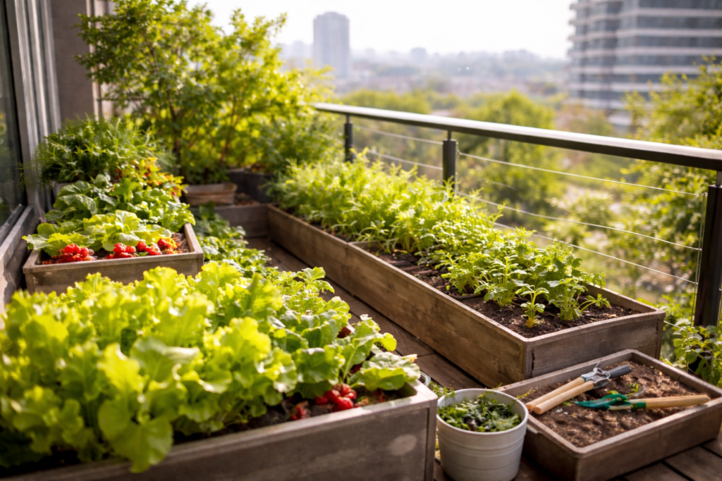 Productive balcony vegetable garden with raised planters full of lettuce, radishes, herbs, and leafy greens in morning sunlight