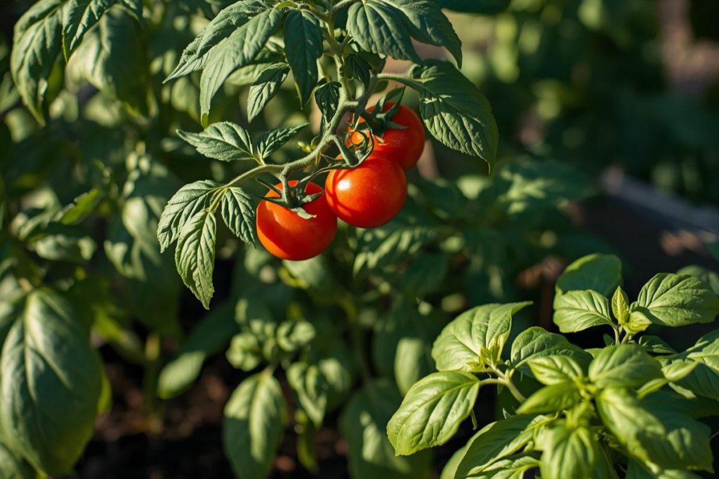 Tomatoes and basil growing together in a raised bed companion planting setup
