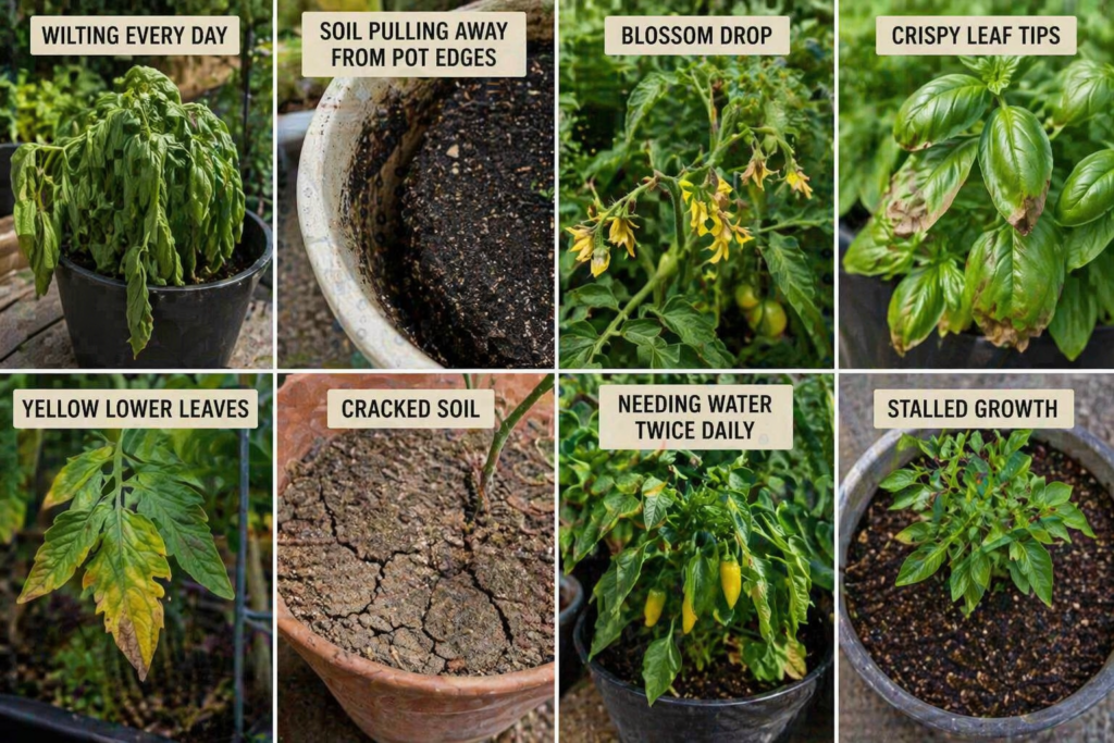 Common warning signs of summer heat stress in container gardens including wilting, cracked soil, yellow leaves, and stalled growth