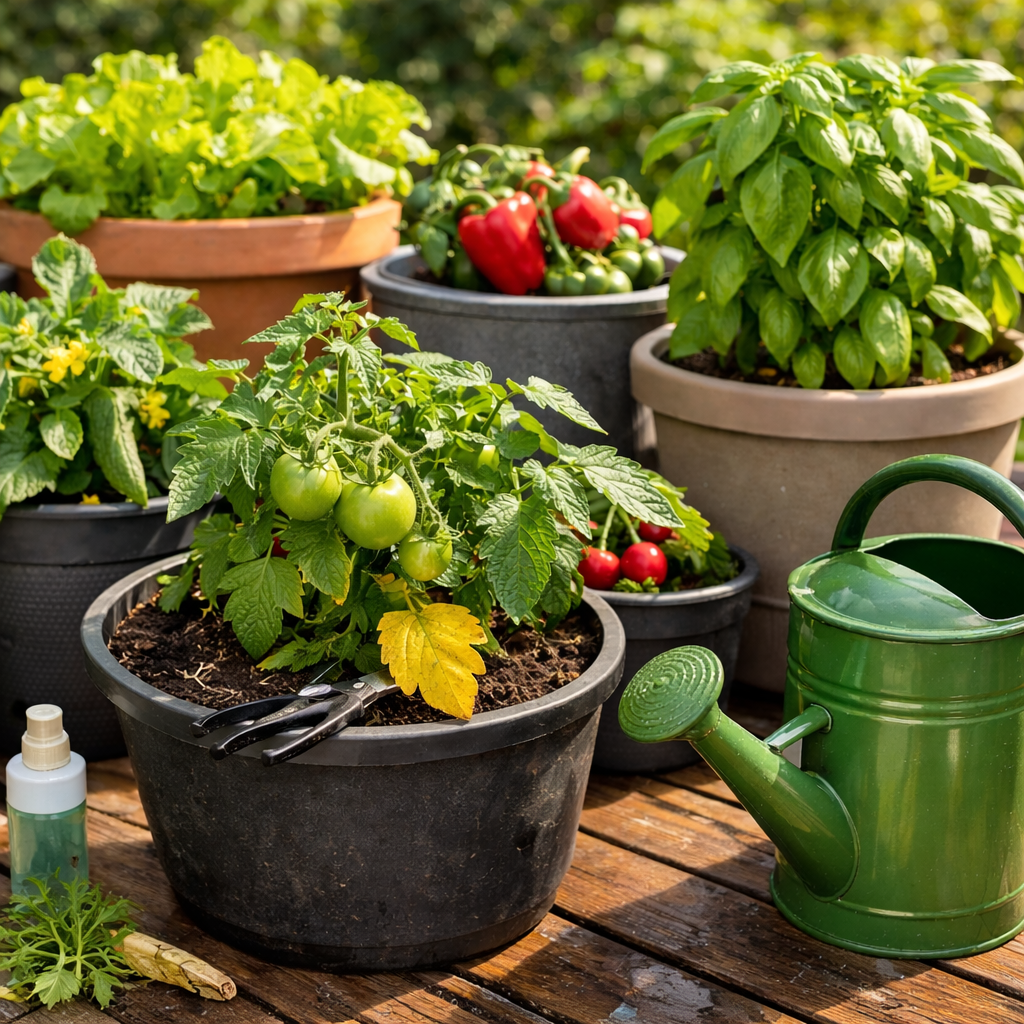 Container plant maintenance with pruning shears and watering can in a vegetable container garden