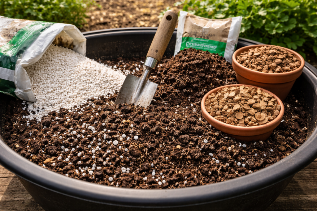 Mixing container soil with perlite, compost, and bark for improved drainage and structure
