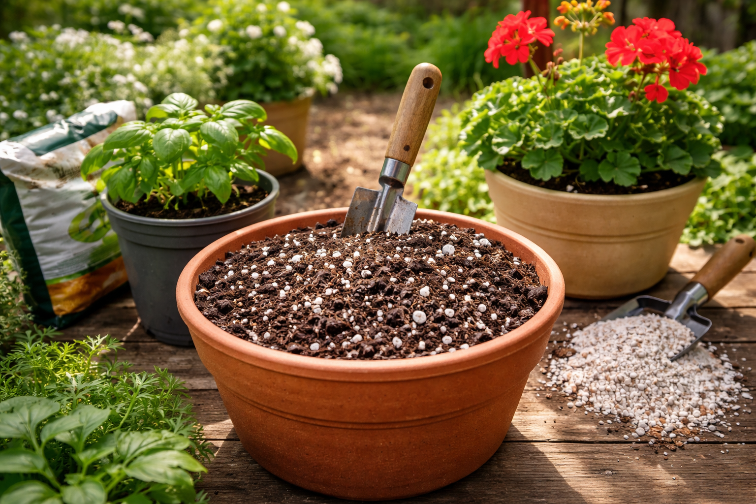 Container soil mix with perlite and compost for drainage
