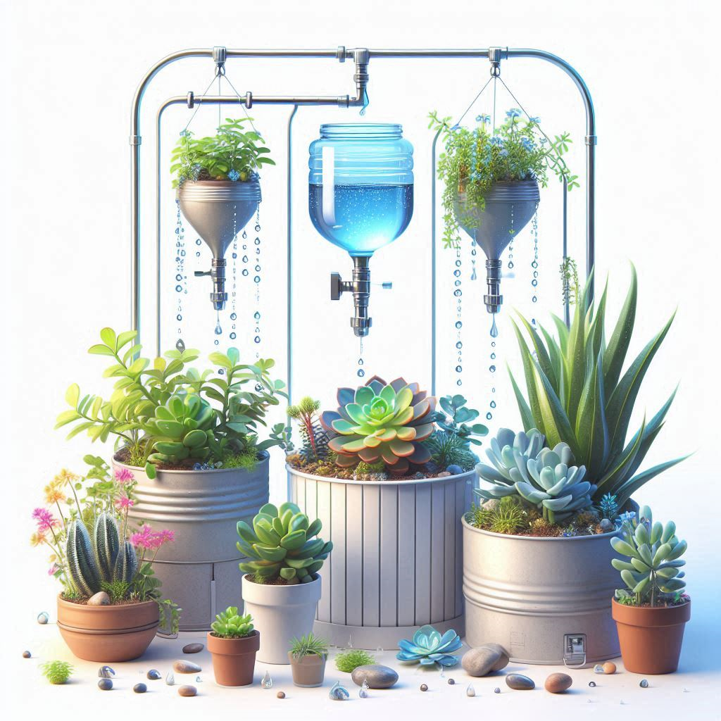 DIY self-watering container garden system with drip bottles and potted plants for efficient summer watering