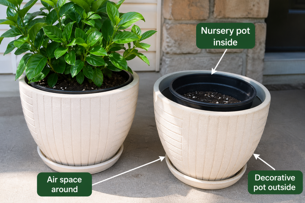 Double pot trick for container gardens using a nursery pot inside a larger decorative planter to keep roots cooler and reduce moisture loss in summer
