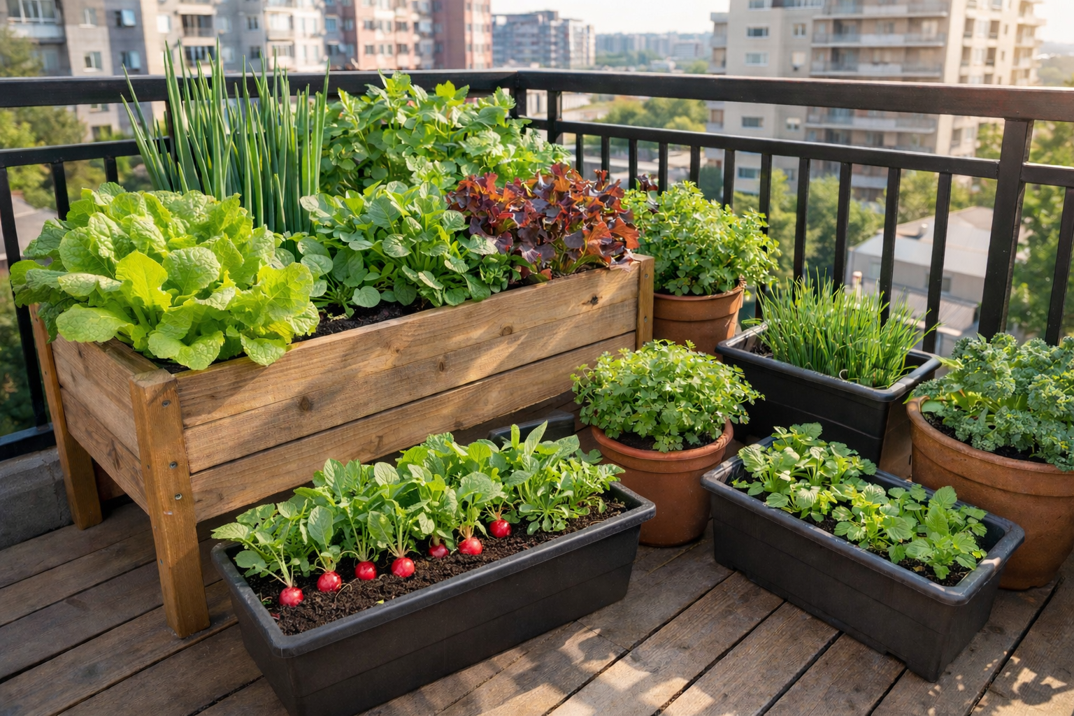 Fast growing crops growing in containers and a raised planter on a balcony garden