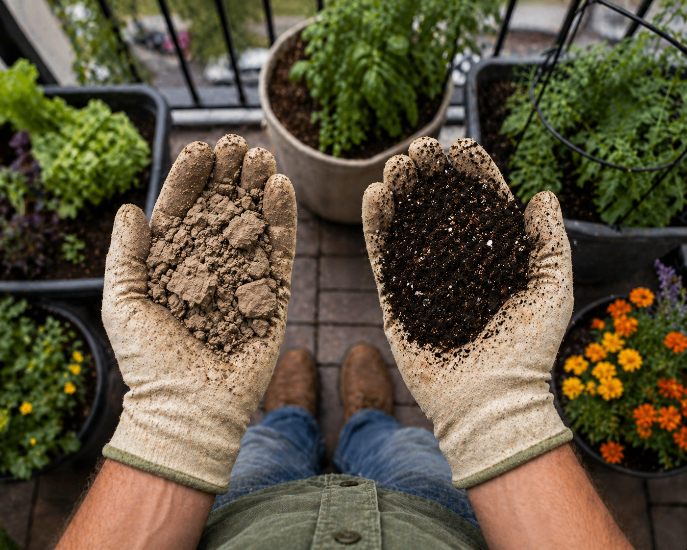 Gardener on a balcony holding dry compacted soil in one hand and rich potting mix in the other, surrounded by container plants.