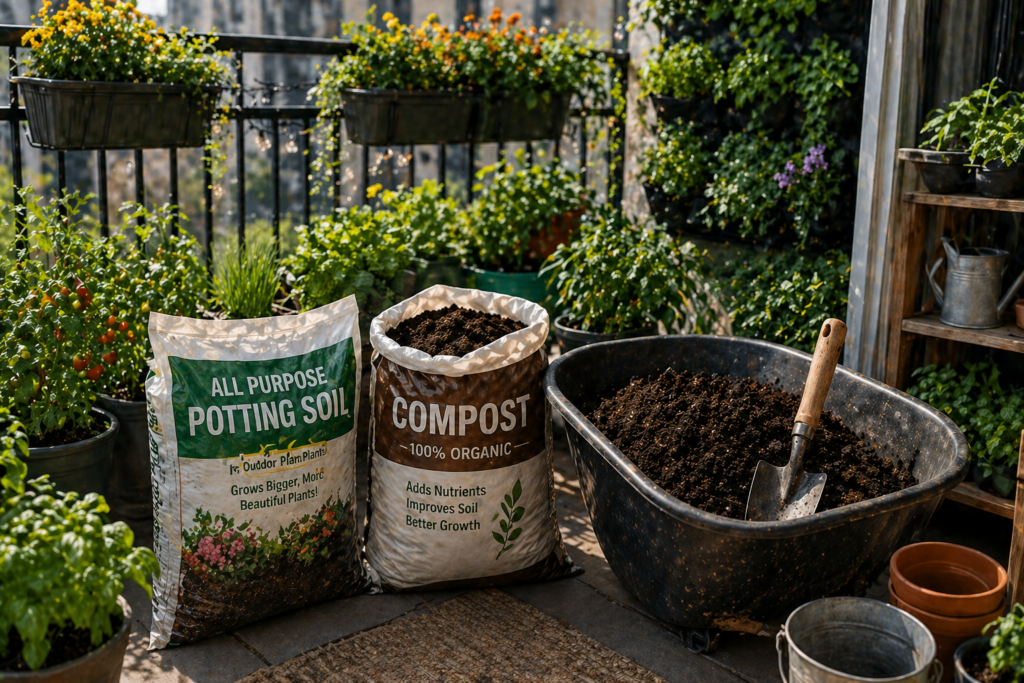 Small patio garden with cheap potting soil bag, compost bag, mixing tub of rich soil, and container plants in a compact urban gardening space.