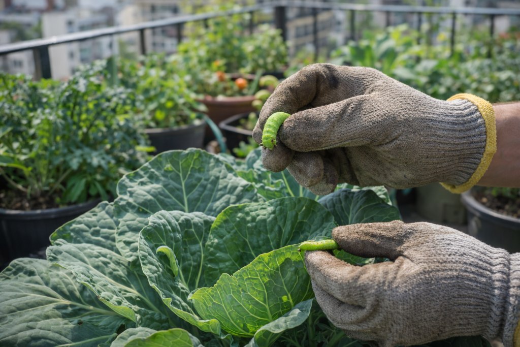 Gloved hands removing green caterpillars from cabbage plants in a balcony vegetable garden
