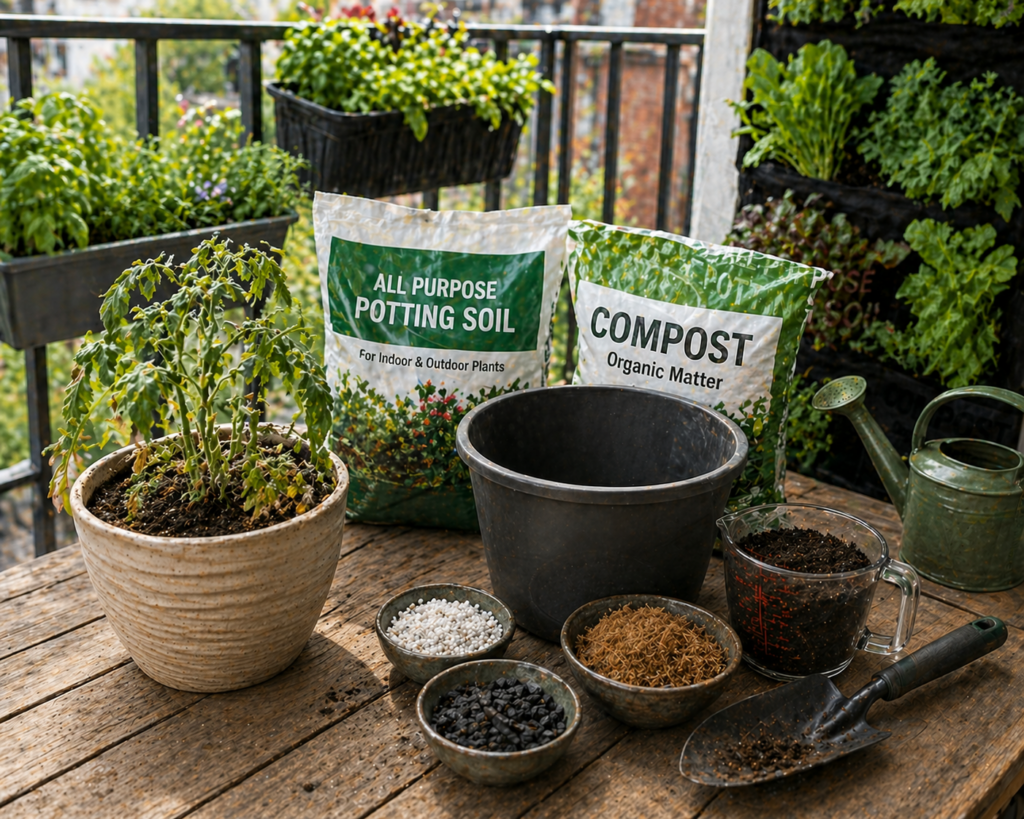 Struggling potted plant beside larger empty container, compost, potting soil, and soil amendments on a balcony gardening table.
