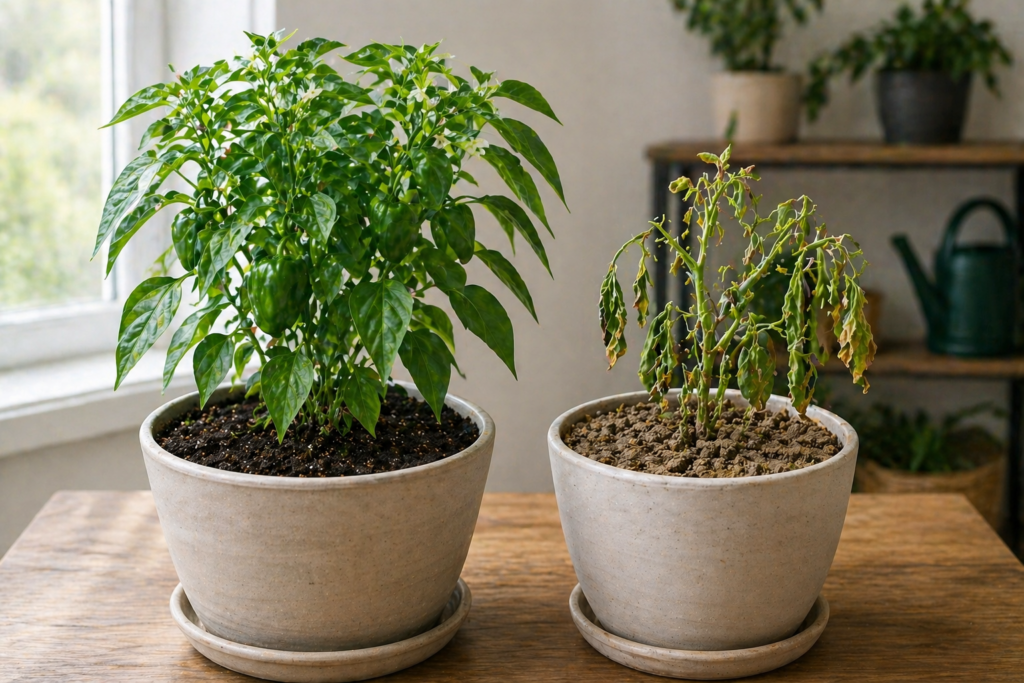 Healthy pepper plant in rich dark soil beside wilted struggling plant in dry compacted soil on a table indoors.