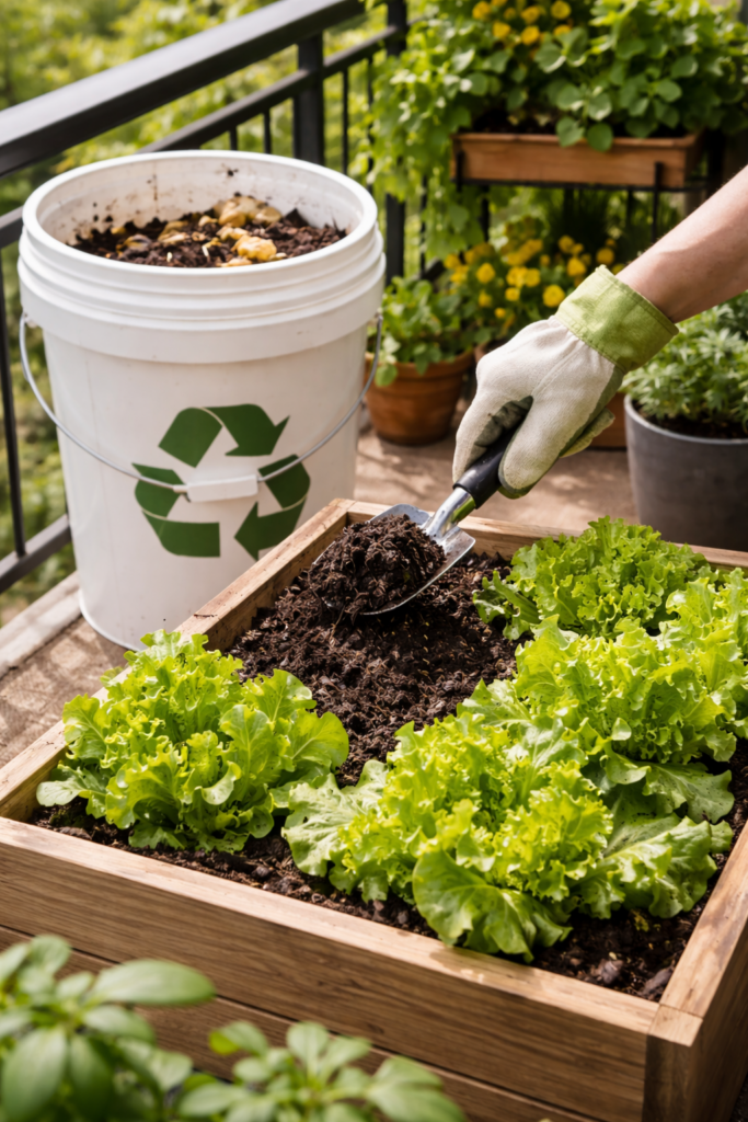 Gardener mixing homemade compost into container soil with growing lettuce on a small space balcony