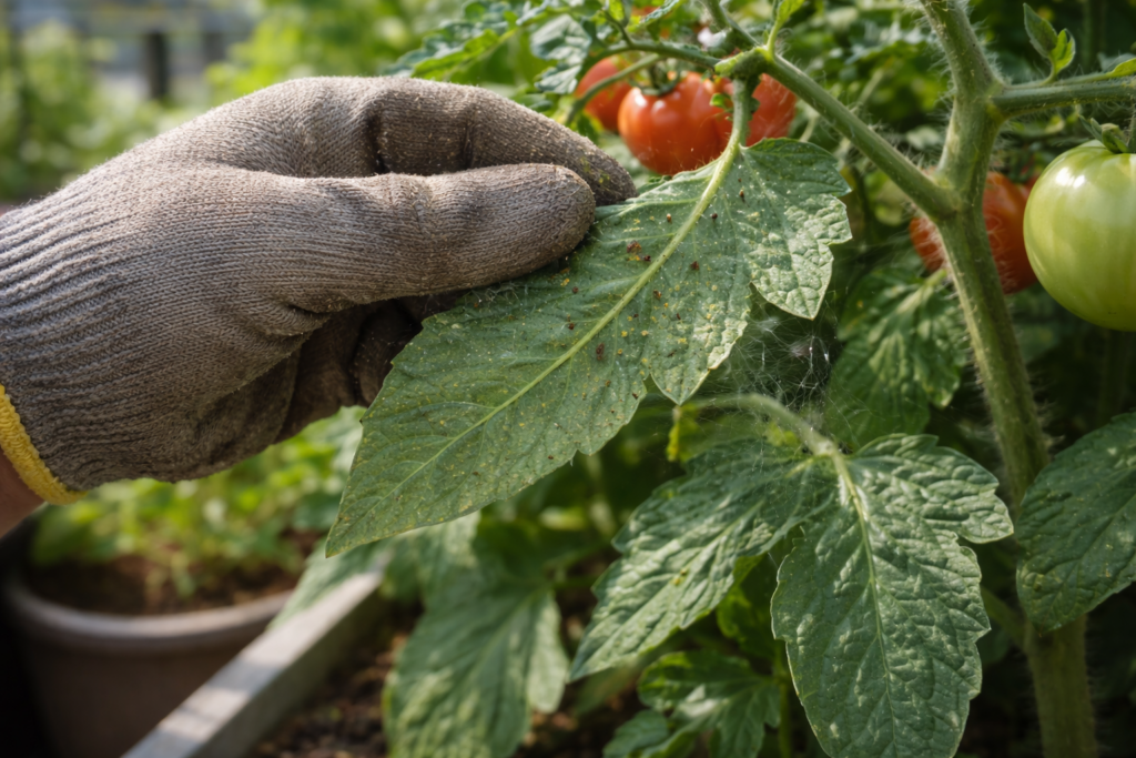 Gloved hand inspecting underside of tomato leaf for spider mites in a balcony garden