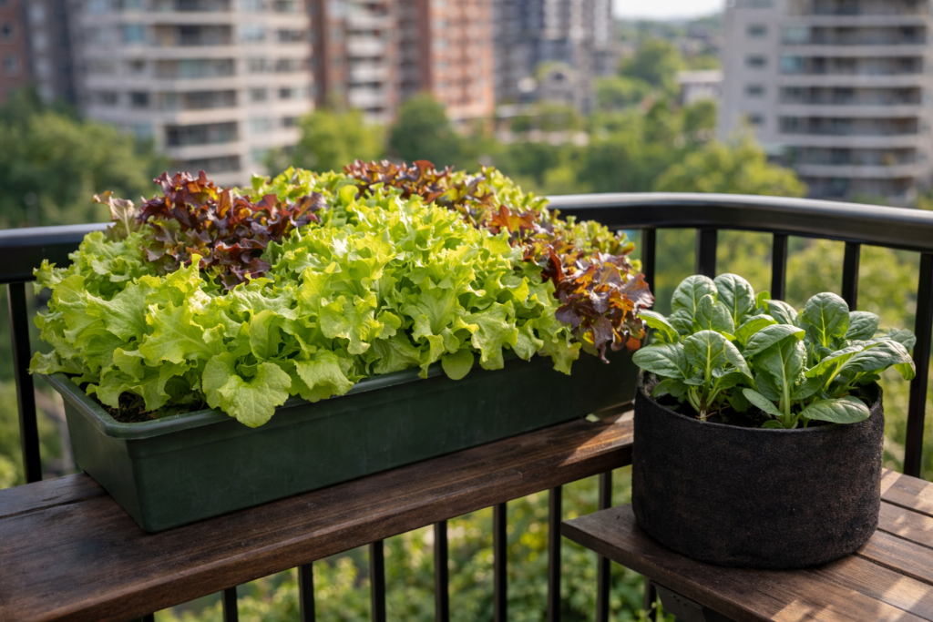 Leaf lettuce growing in a rectangular planter with spinach growing in a pot on a balcony garden