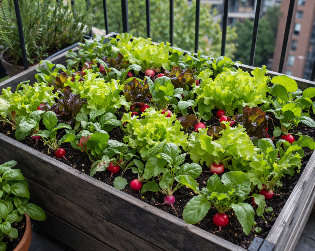 Lettuce and radishes growing together in a raised bed on a small balcony garden