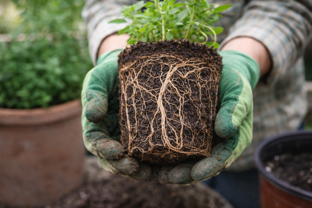 Loosening root bound plant before transplanting to prevent shock
