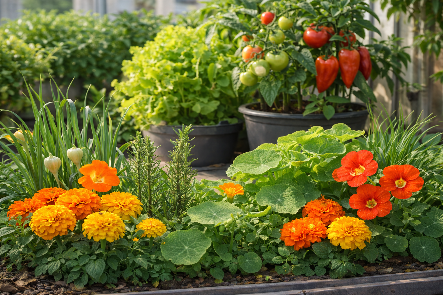 Small space vegetable garden with marigolds, nasturtiums, rosemary, and garlic used for natural pest control