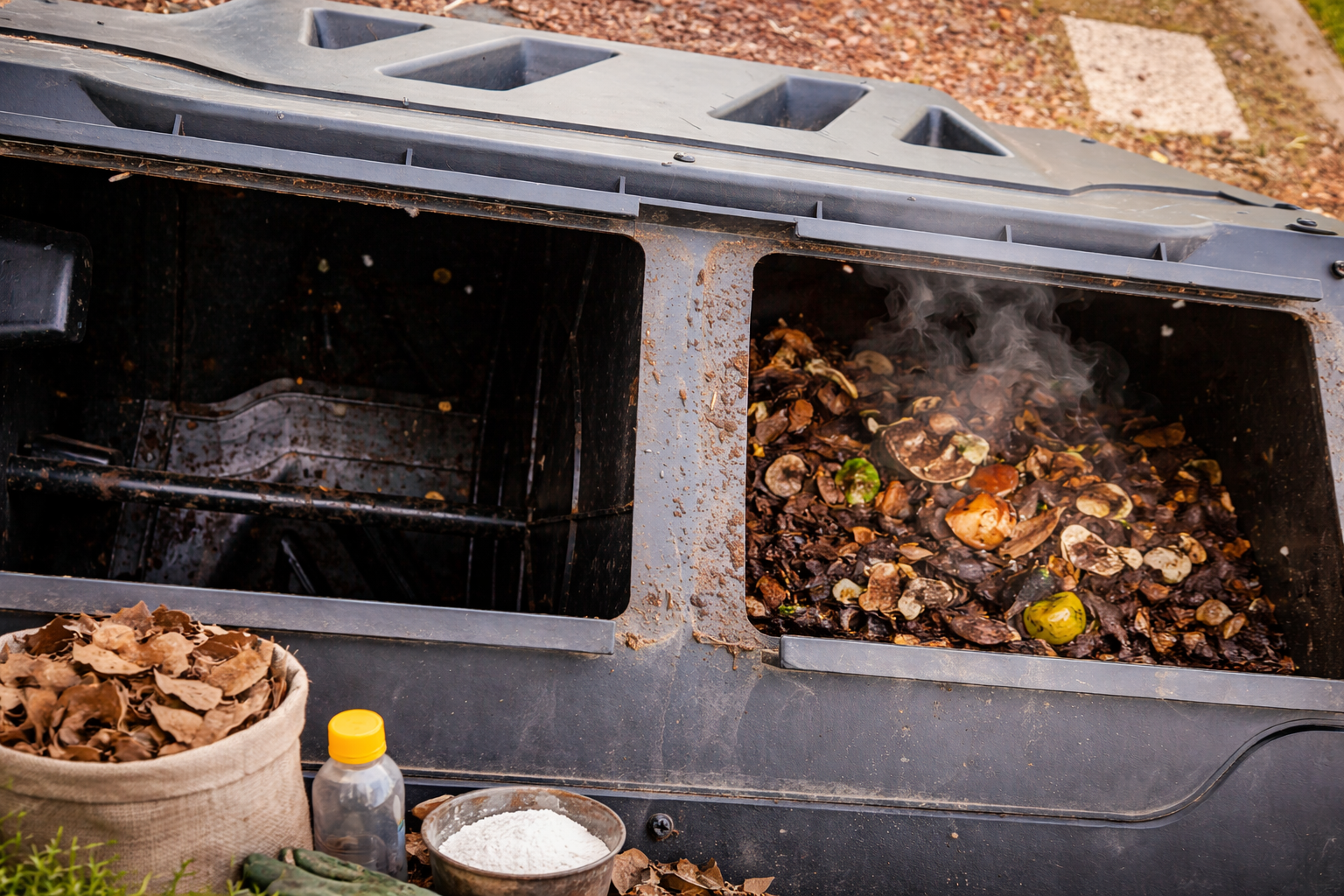 neglected compost bin being revived with dry leaves and organic scraps