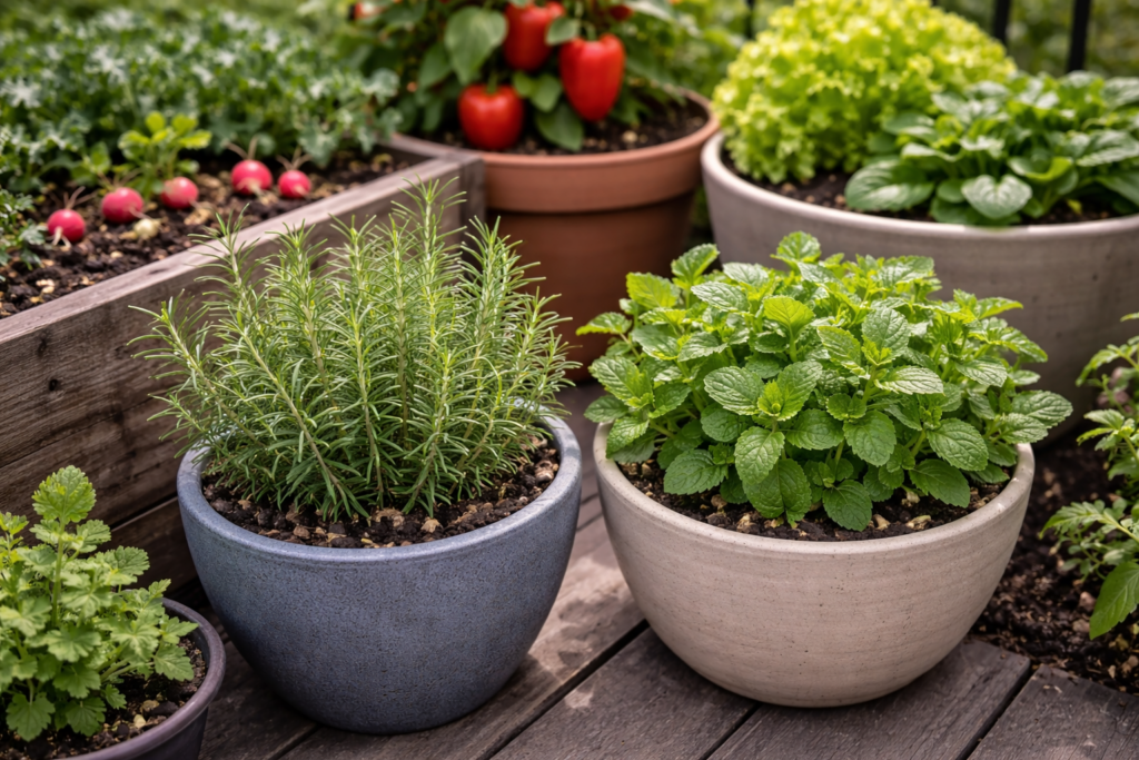 Rosemary and mint growing in separate pots next to vegetable containers in a small garden
