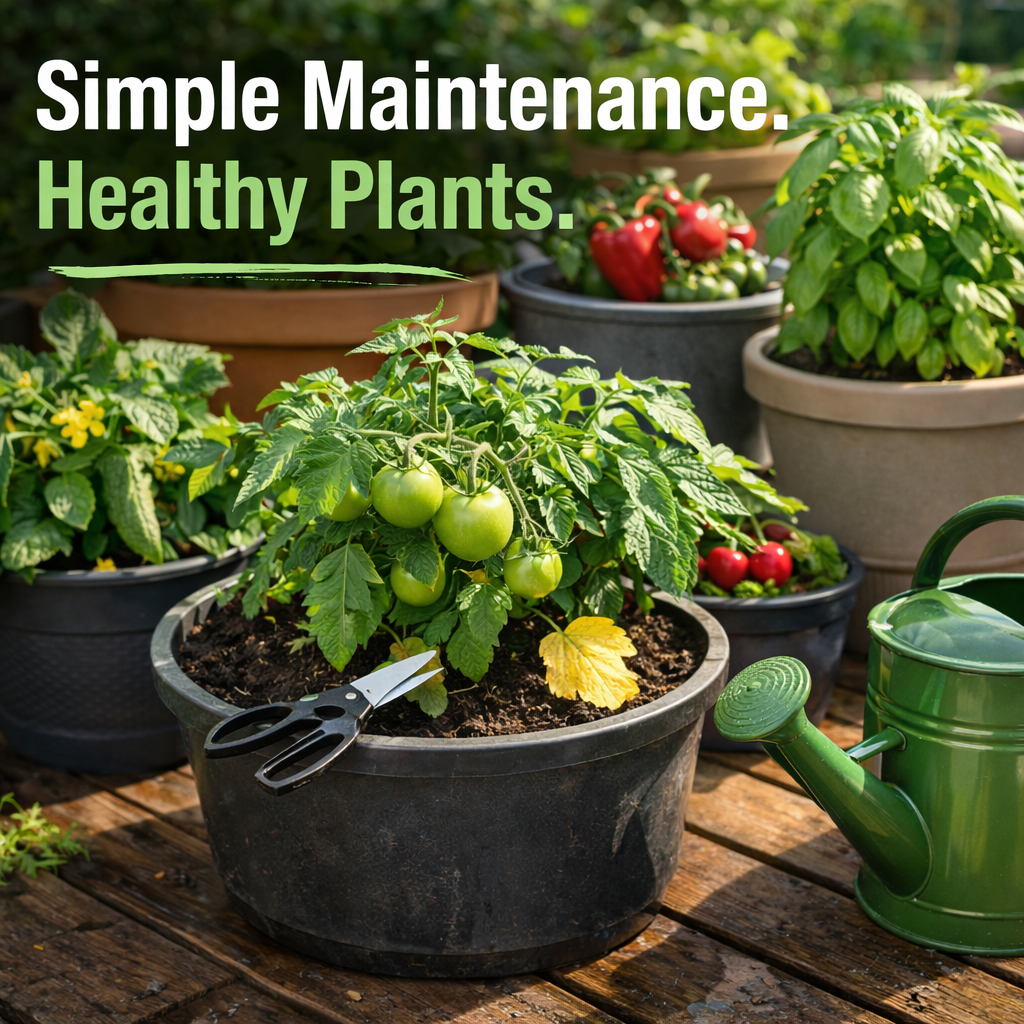 simple container plant maintenance with healthy vegetable plants, pruning shears and watering can