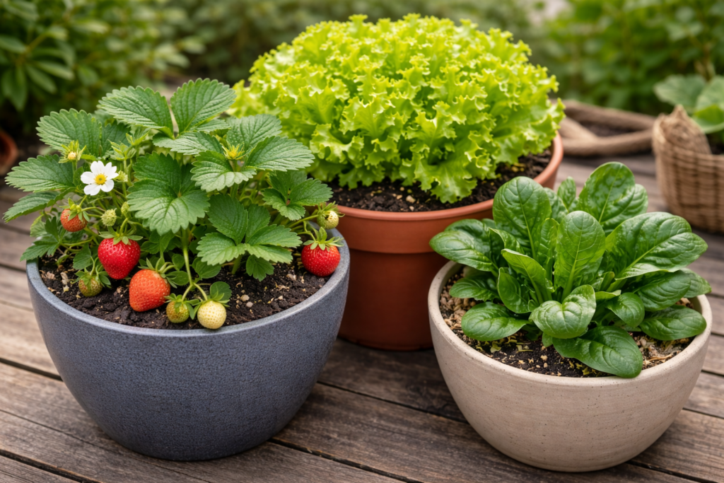 Strawberries, lettuce, and spinach growing in separate containers on a balcony garden