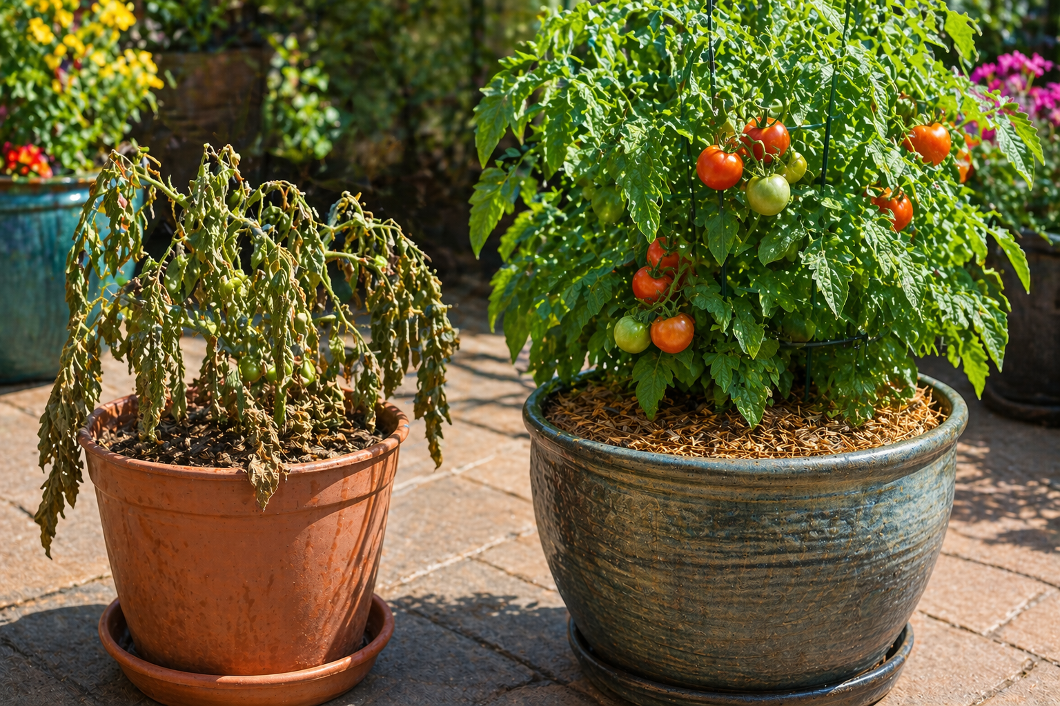 Wilted tomato plant beside healthy thriving container tomato plant in summer sunlight showing the effects of proper watering