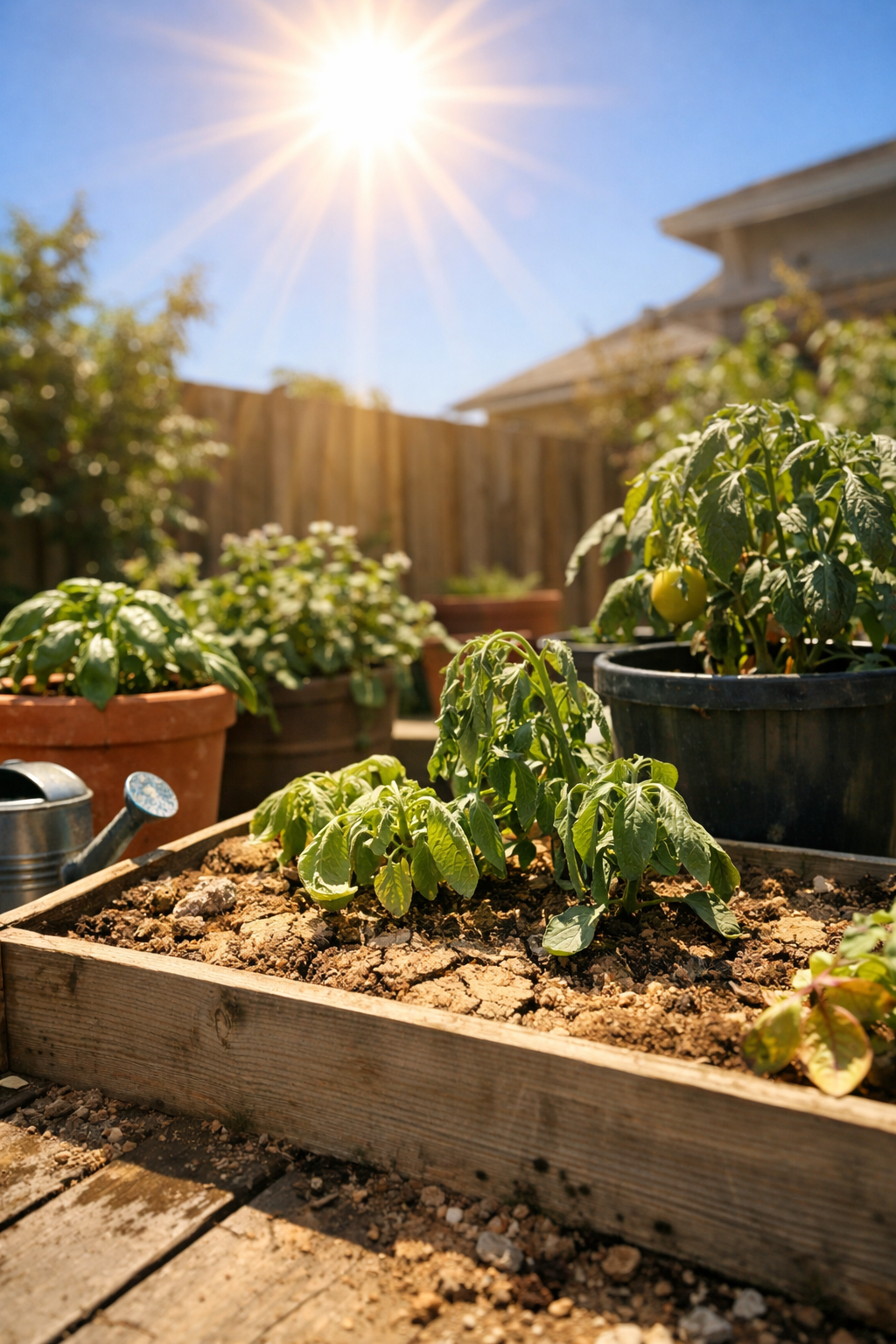 Raised bed and container plants showing heat stress under intense summer sun