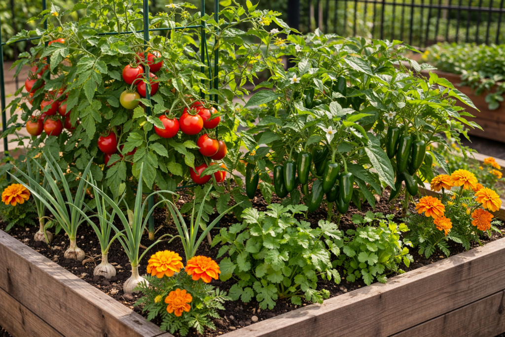 Tomatoes, jalapeno peppers, garlic, cilantro, and marigolds growing together in a raised garden bed