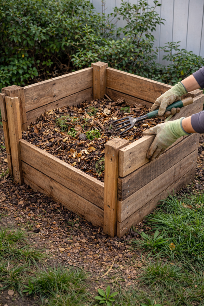 turning and breaking up compost in a wooden bin to revive a neglected compost pile turning and breaking up compost in a wooden bin to revive a neglected compost pile
