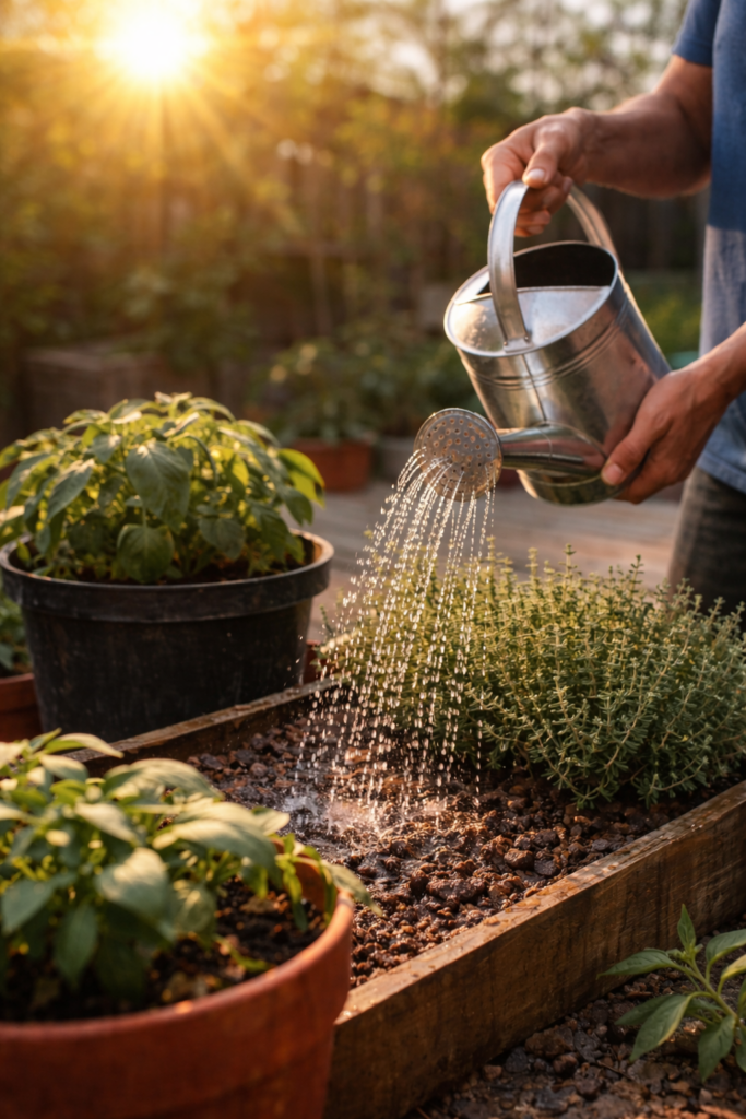 Watering thyme plant in a container garden during summer heat to keep soil hydrated